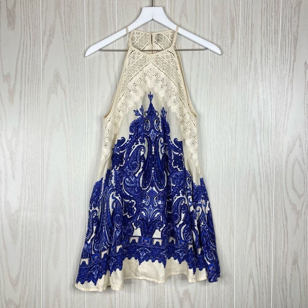 Free People Shea Mini Dress Blue Cream Size XS Boho Festival Swing Slip - Picture 3 of 7